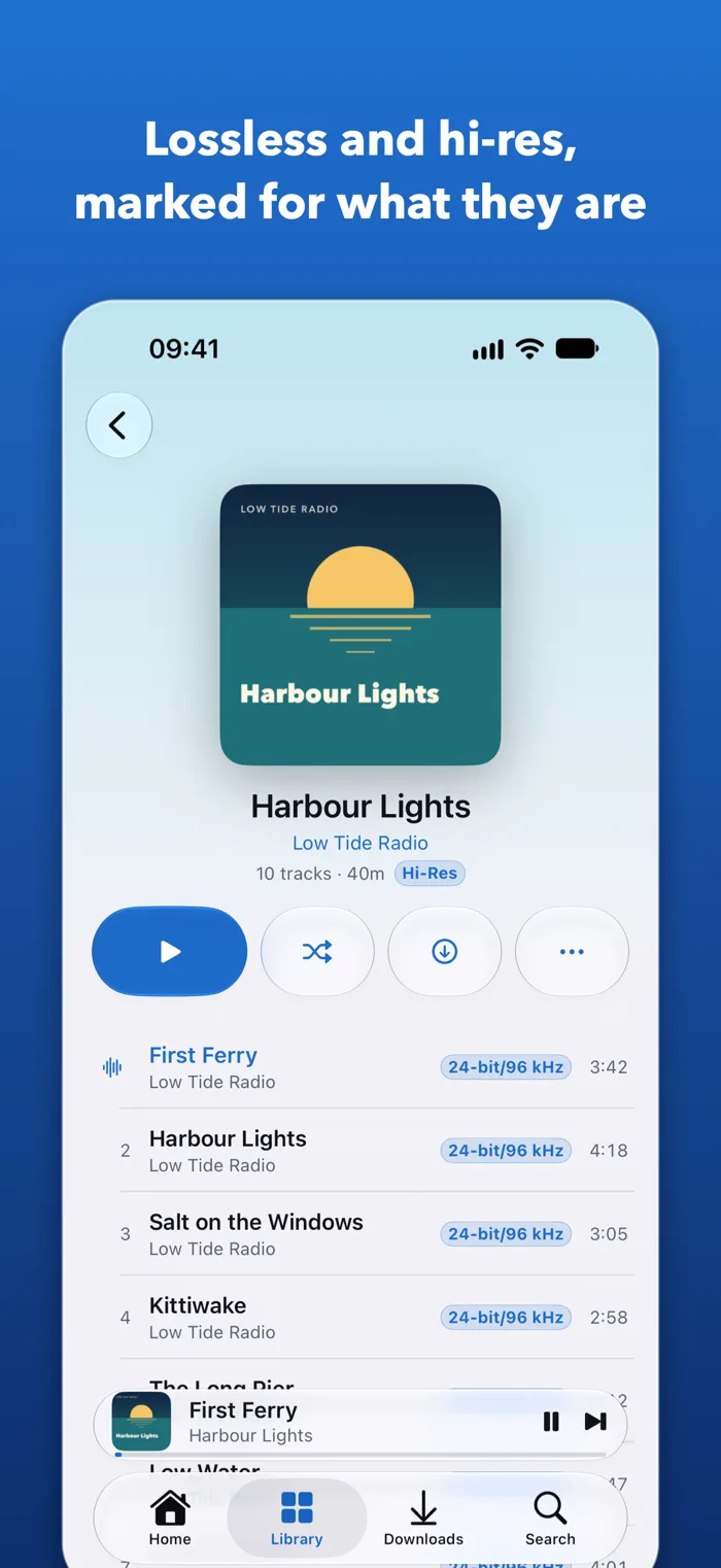 An album page in QuietCast, with lossless and hi-res files marked