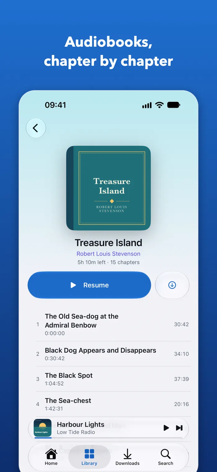 An audiobook page in QuietCast with its chapters