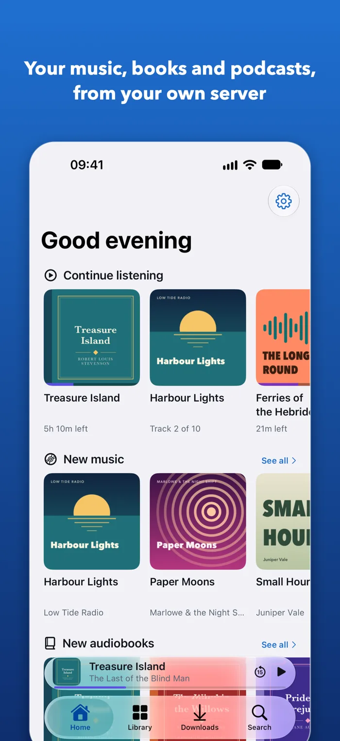 QuietCast's Home screen: continue listening, new music and new audiobooks from your own servers