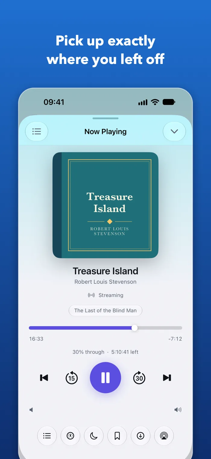 QuietCast's audiobook player with chapter, skip and sleep timer controls