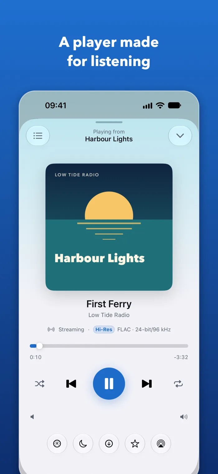QuietCast's music player showing a hi-res FLAC track