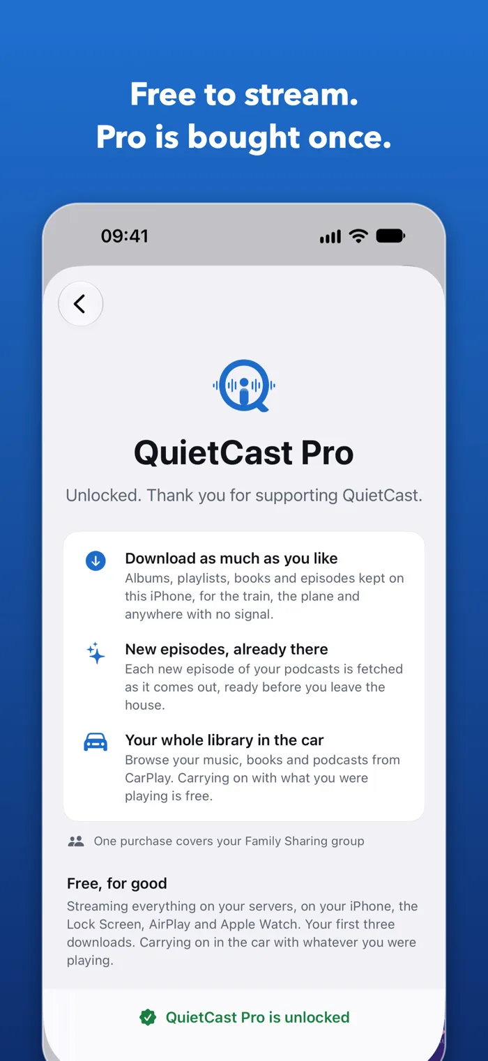 The QuietCast Pro screen: what stays free and what Pro adds