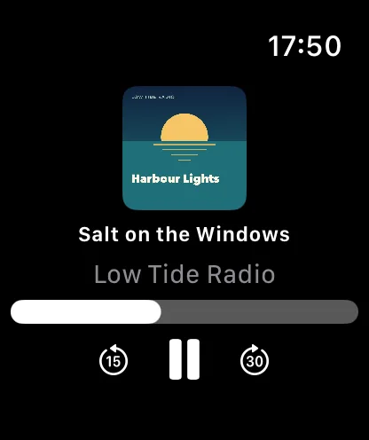 QuietCast on Apple Watch: cover, title, progress and play, pause and skip controls
